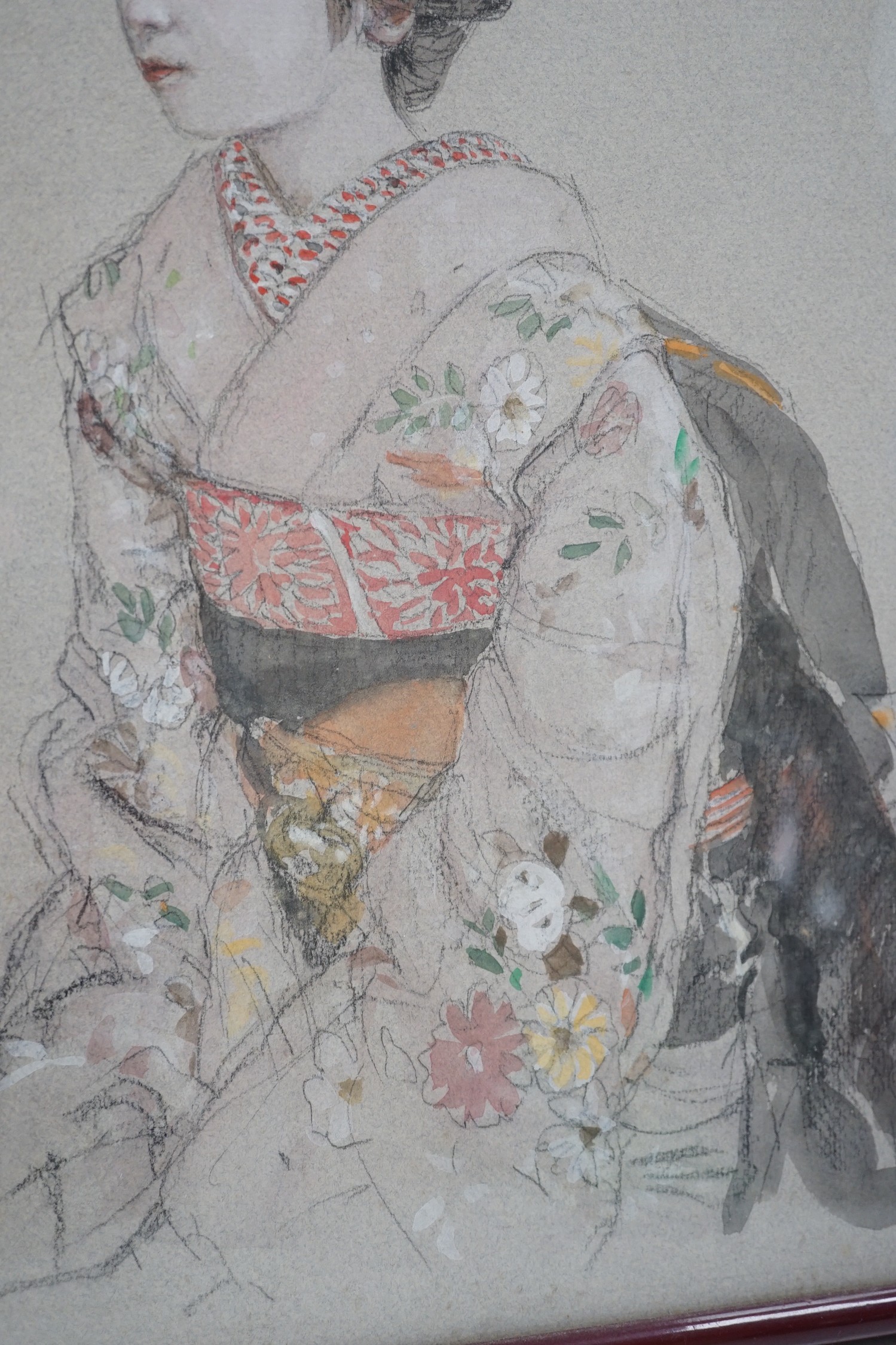 A Japanese watercolour and pencil sketch of a Geisha, signed, and sealed, 42cms high x 31cms wide